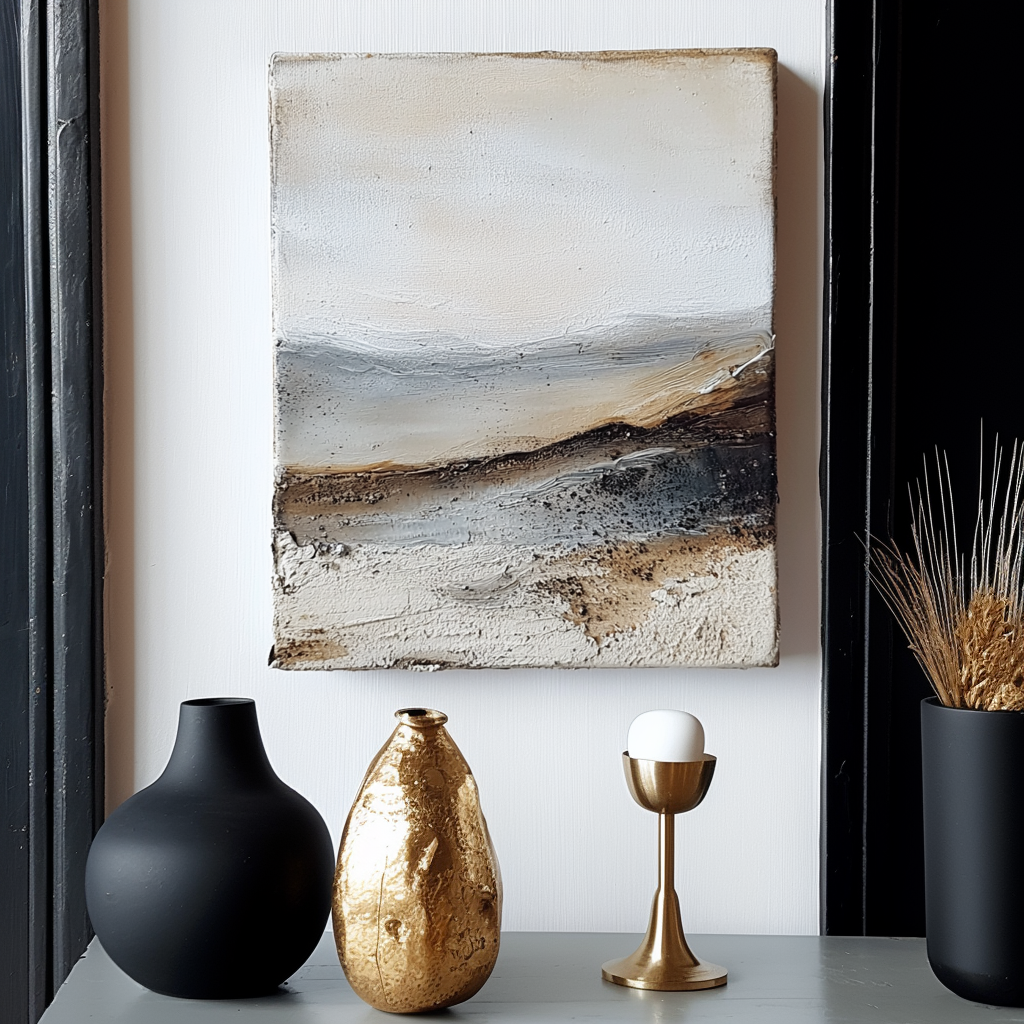 Textured nature art featuring abstract landscape with beige, gray, and brown tones.