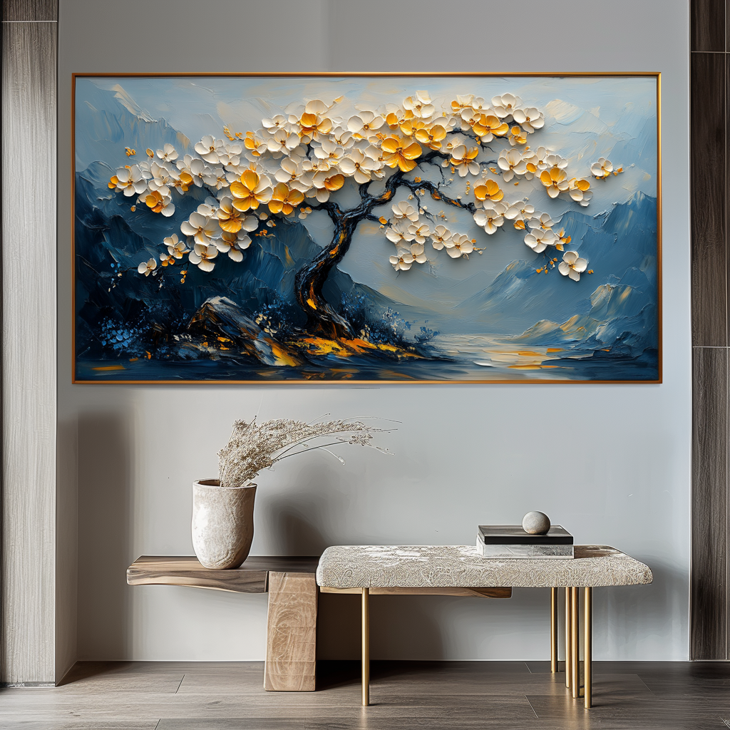 Serene Blossom-Hand-Painted Texture Floral Tree Wall Art#FL10045