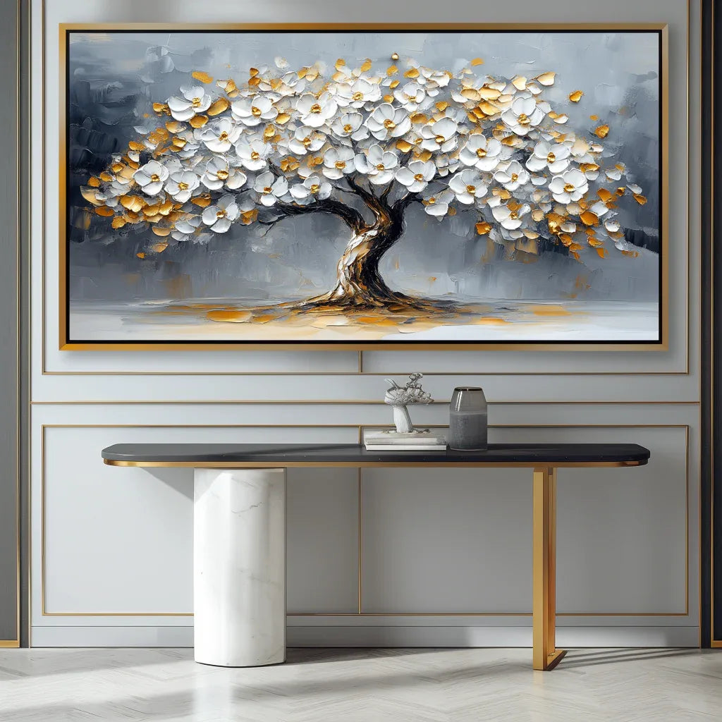 Blossom Symphony-Modern Interior Design Golden White Tree of Life Texture Wall Art - artextured
