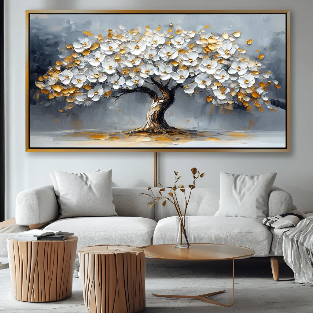Blossom Symphony-Modern Interior Design Golden White Tree of Life Texture Wall Art - artextured