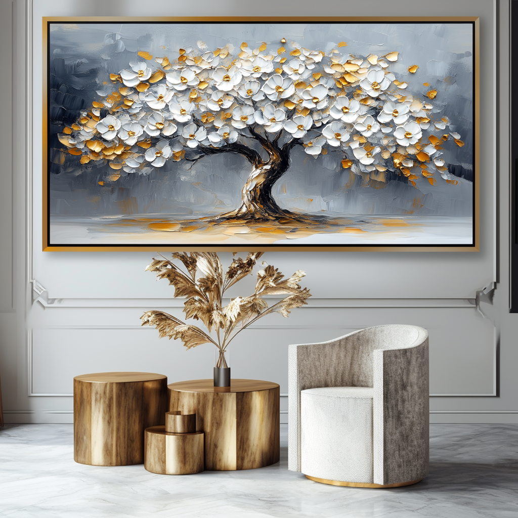 Blossom Symphony-Modern Interior Design Golden White Tree of Life Texture Wall Art