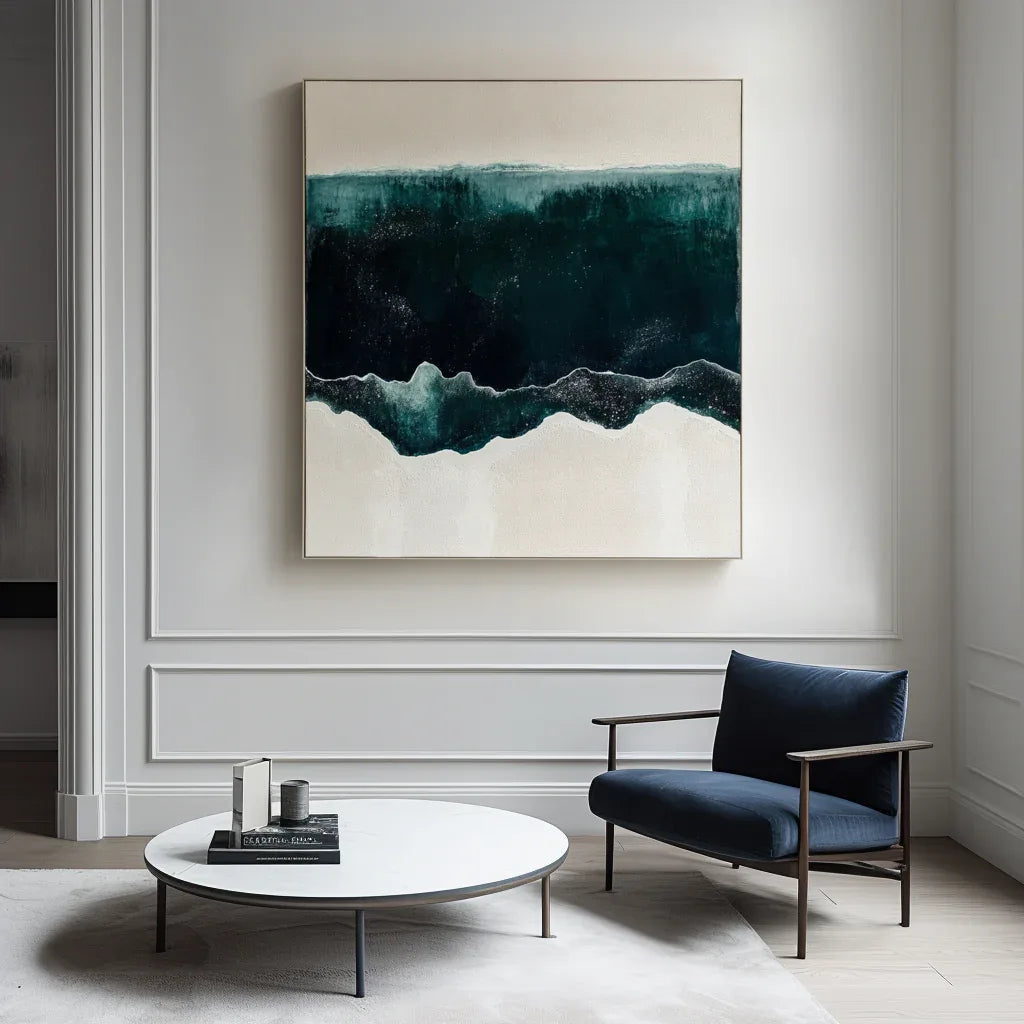 Deep Teal and Cream Waves - Ocean Abstract Art - artextured