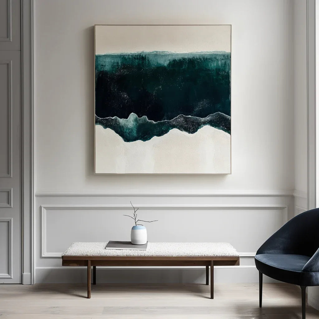 Deep Teal and Cream Waves - Ocean Abstract Art - artextured