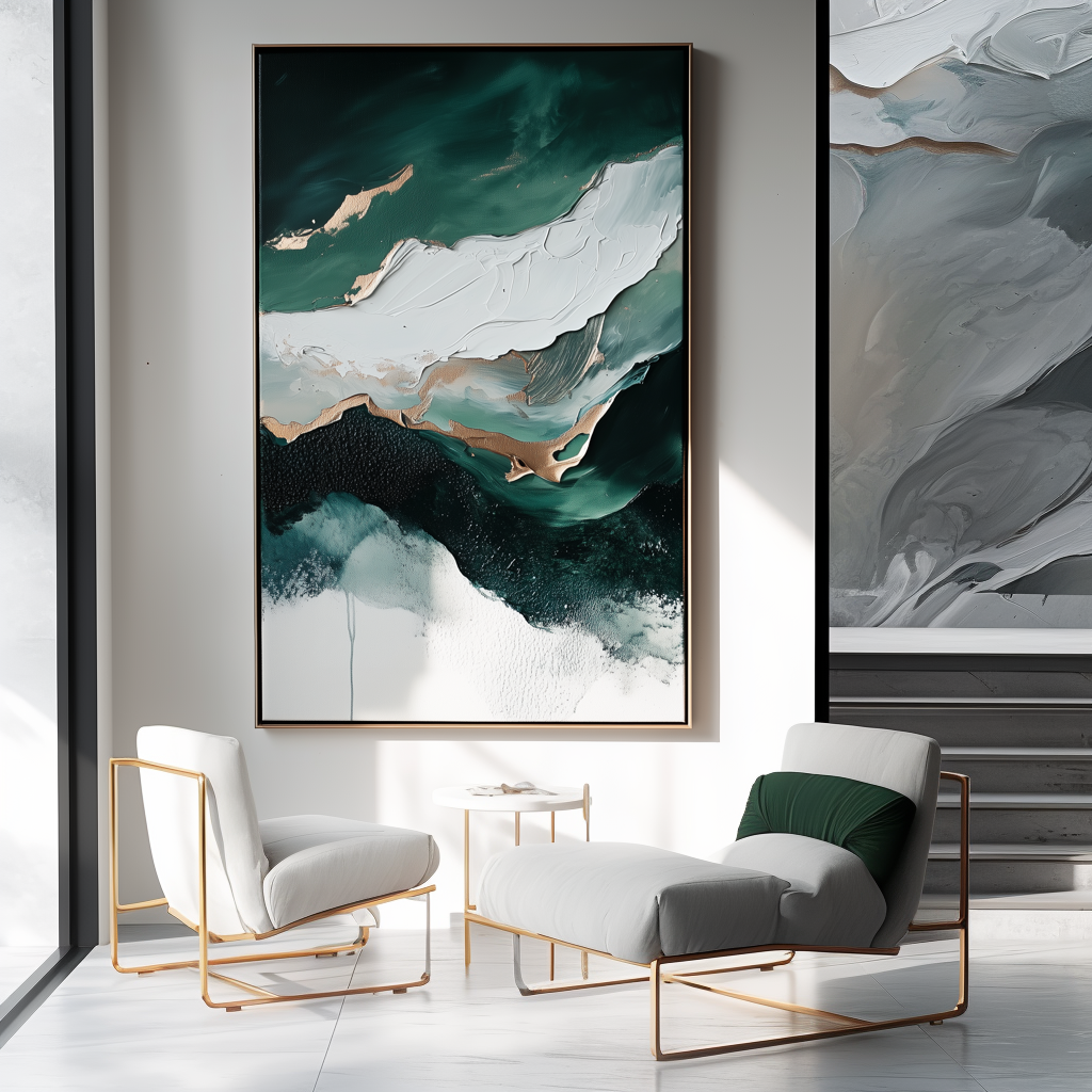 Abstract water waves art with teal, white, and gold brushstrokes, mimicking ocean movement.