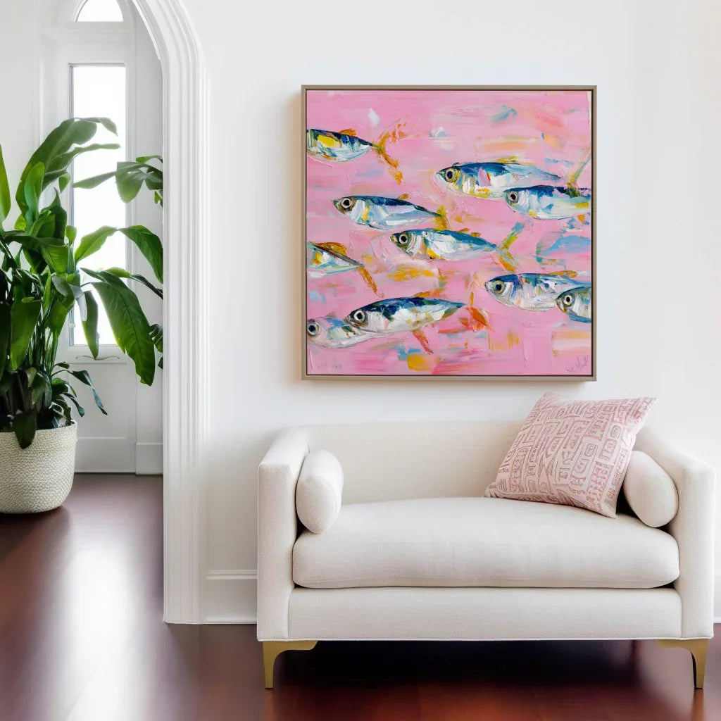 Abstract Fish Wall Art | Textured Oil Painting on Pink Background for Modern Coastal Décor - artextured