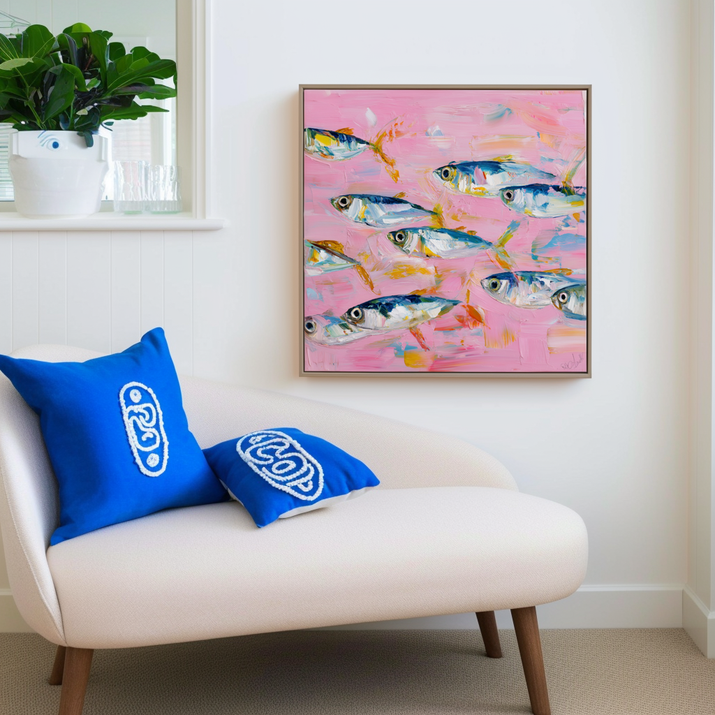 Abstract Fish Wall Art | Textured Oil Painting on Pink Background for Modern Coastal Décor