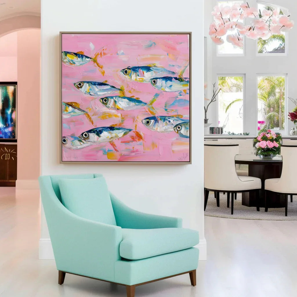 Abstract Fish Wall Art | Textured Oil Painting on Pink Background for Modern Coastal Décor - artextured