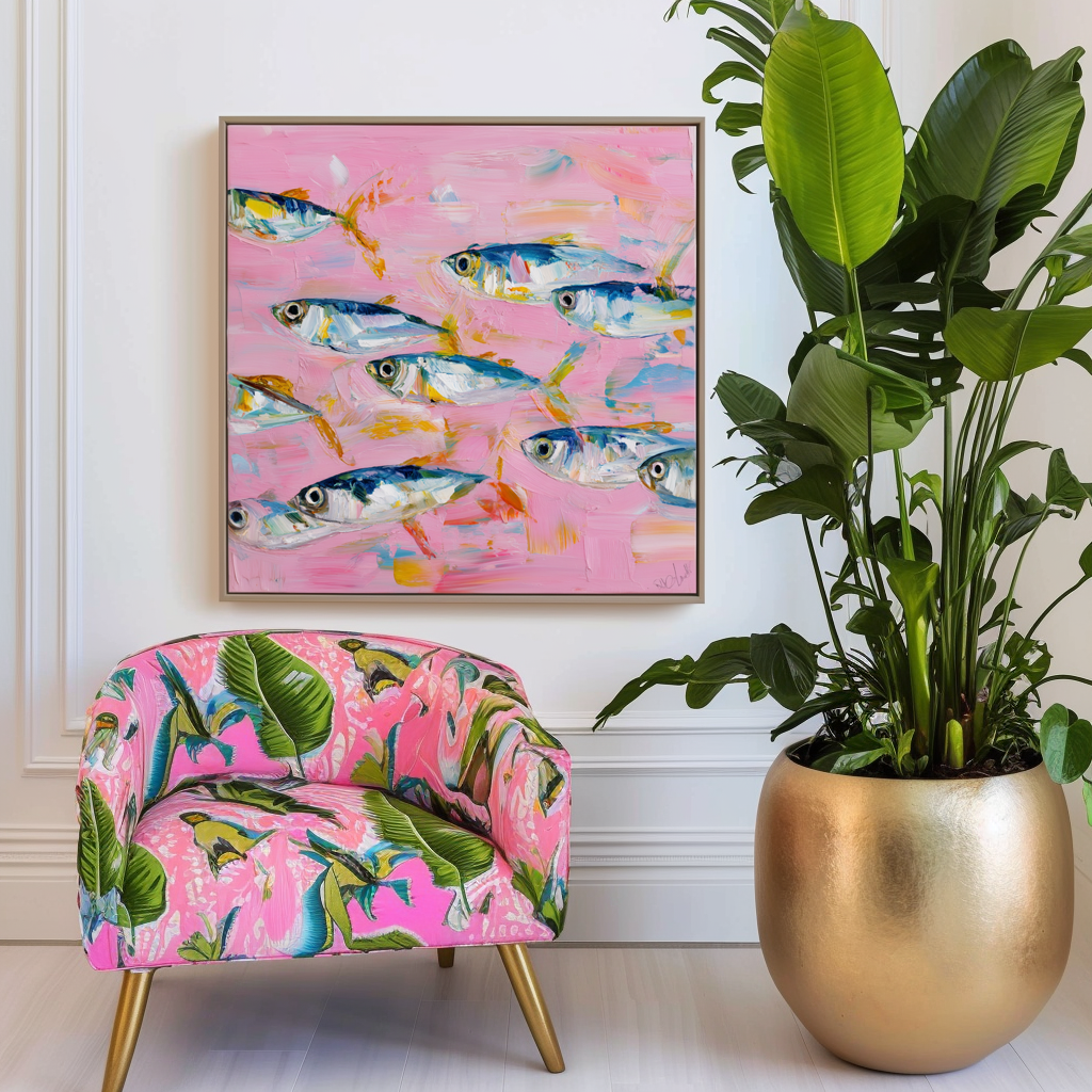 Abstract Fish Wall Art | Textured Oil Painting on Pink Background for Modern Coastal Décor