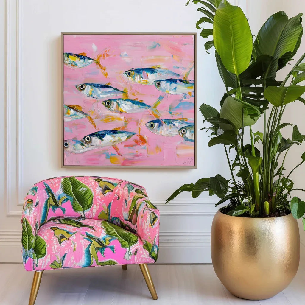Abstract Fish Wall Art | Textured Oil Painting on Pink Background for Modern Coastal Décor - artextured
