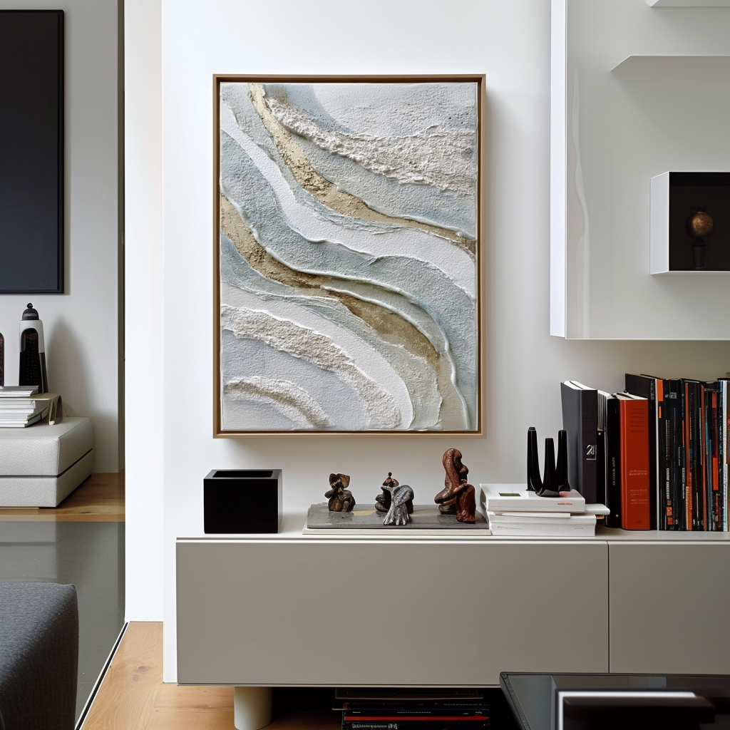 Textured abstract wall art with layered neutral tones in beige, white, and blue