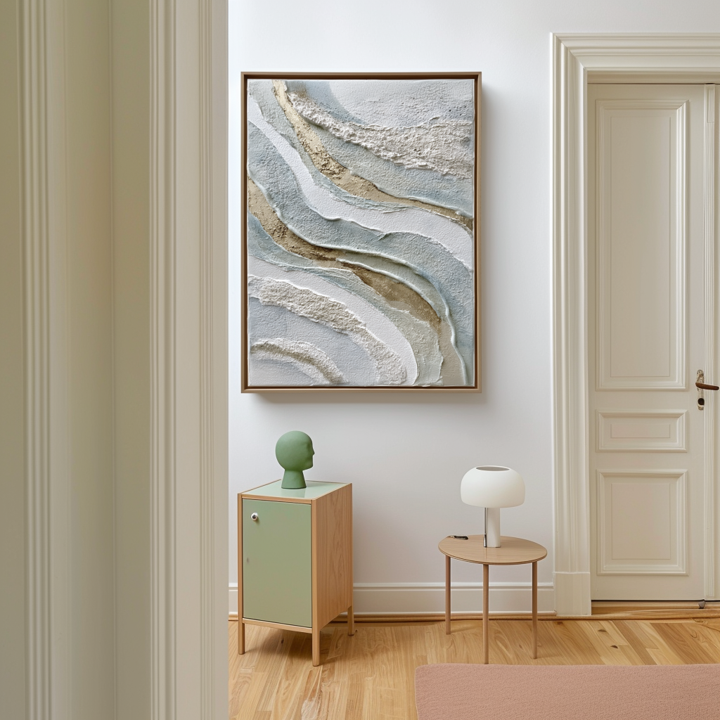 Textured abstract wall art with layered neutral tones in beige, white, and blue