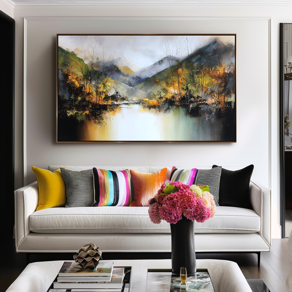 Echoes of Autumn – Hand-Painted Mountain Lake Reflection Landscape Wall Art