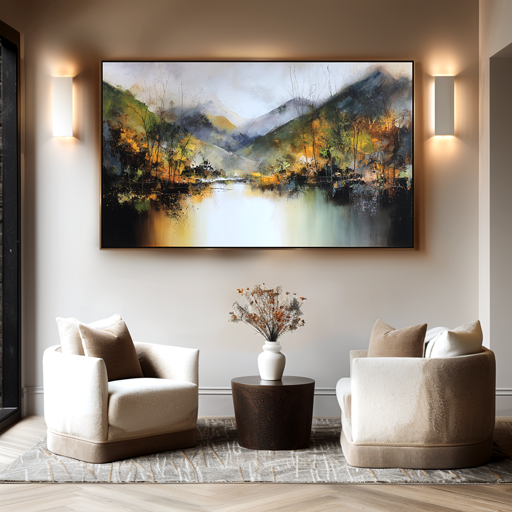Echoes of Autumn – Hand-Painted Mountain Lake Reflection Landscape Wall Art