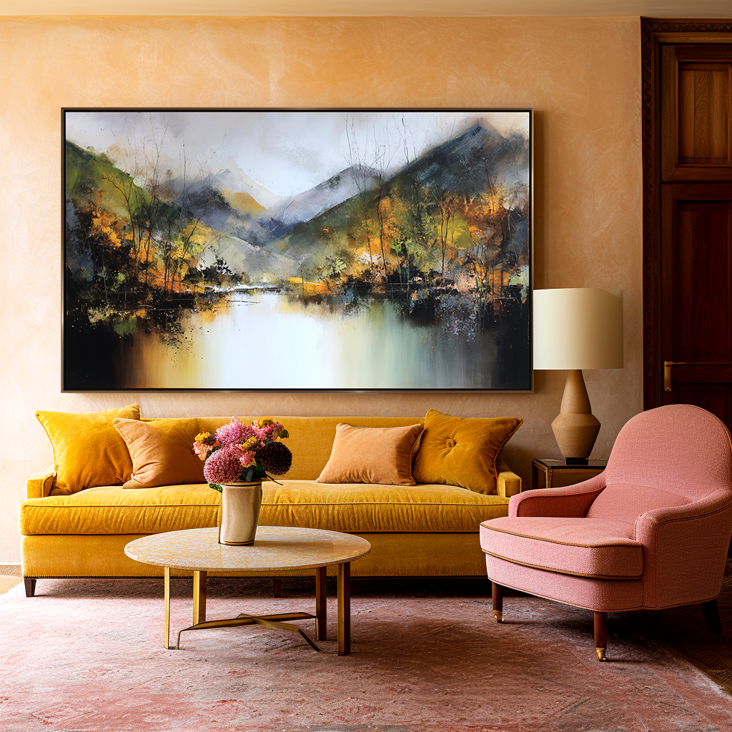 Echoes of Autumn – Hand-Painted Mountain Lake Reflection Landscape Wall Art