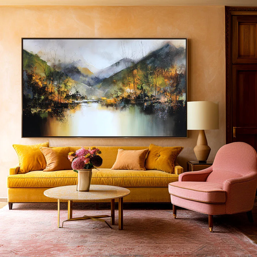 Echoes of Autumn – Hand-Painted Mountain Lake Reflection Landscape Wall Art - artextured