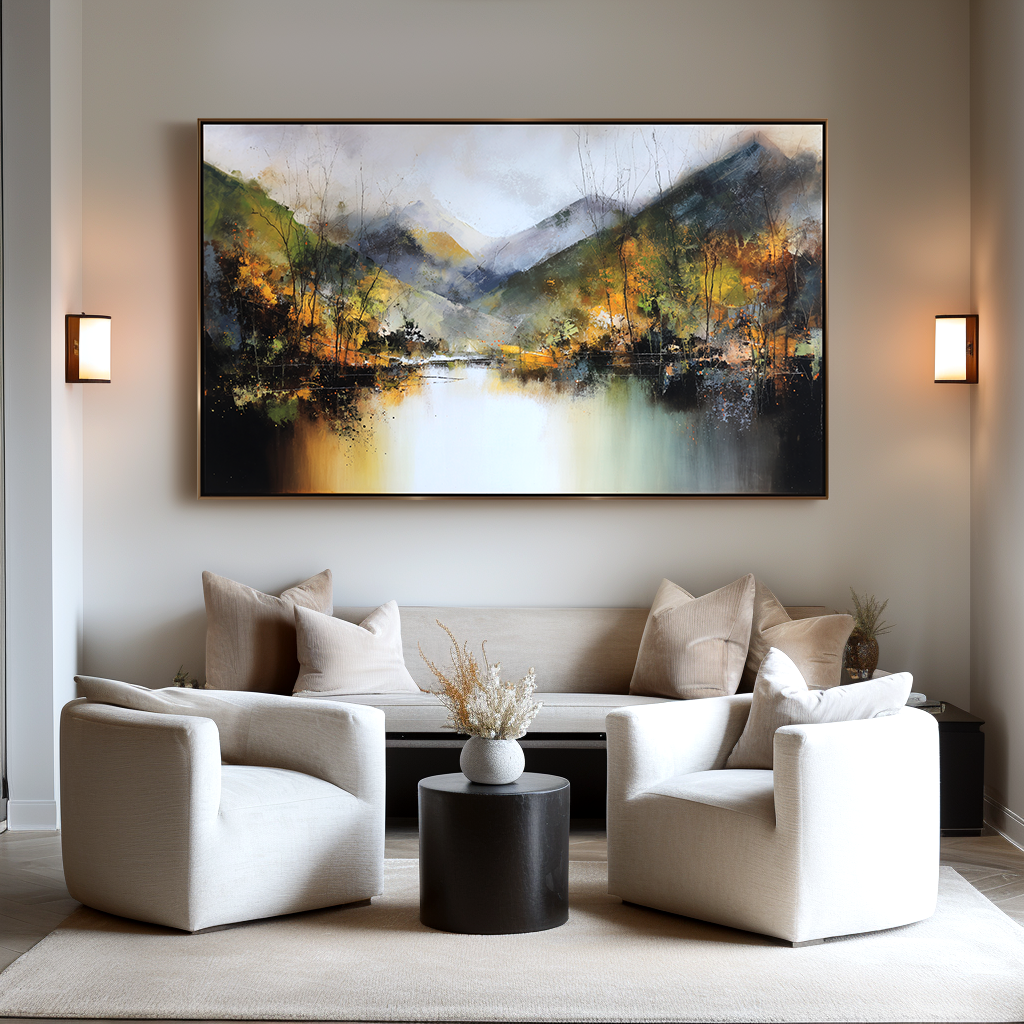 Echoes of Autumn – Hand-Painted Mountain Lake Reflection Landscape Wall Art