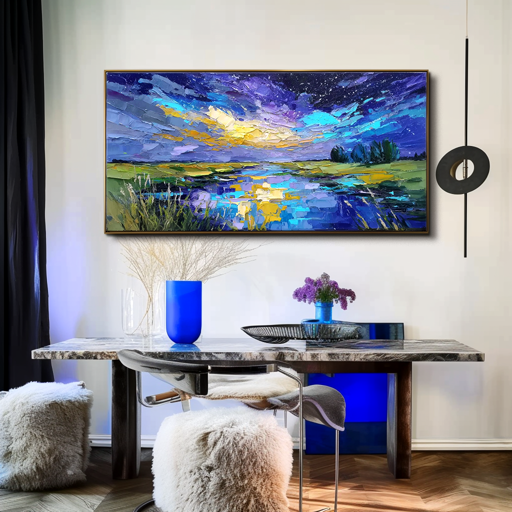 Celestial Reflection – Textured Night Sky Landscape Painting, Hand-Painted Canvas Art for Modern Interiors
