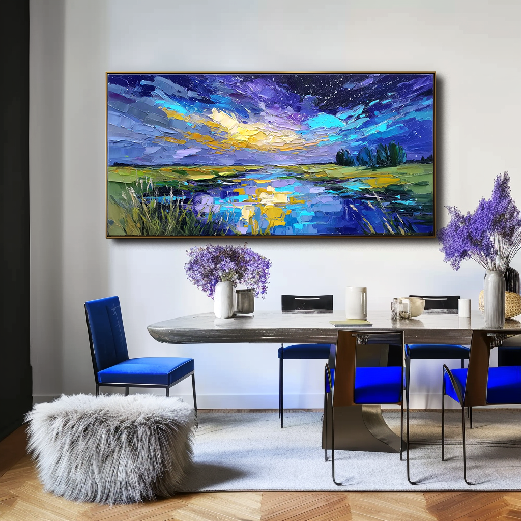 Celestial Reflection – Textured Night Sky Landscape Painting, Hand-Painted Canvas Art for Modern Interiors