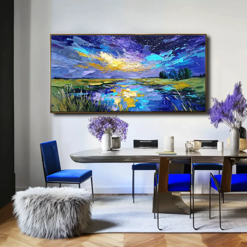 Celestial Reflection – Textured Night Sky Landscape Painting, Hand-Painted Canvas Art for Modern Interiors - artextured
