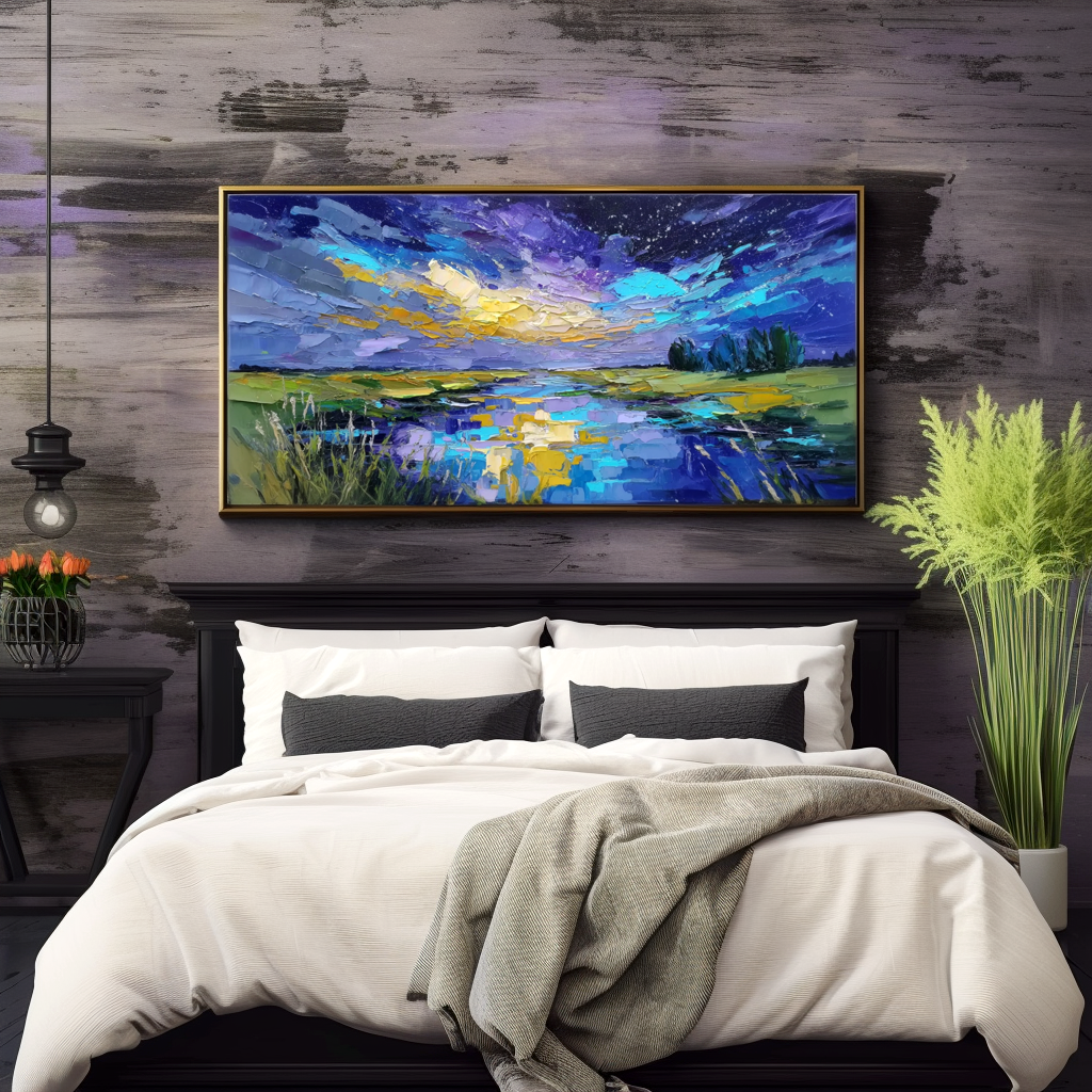 Celestial Reflection – Textured Night Sky Landscape Painting, Hand-Painted Canvas Art for Modern Interiors