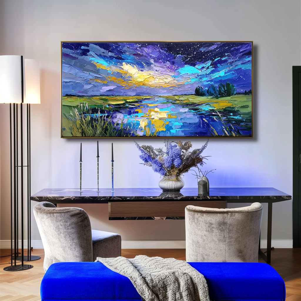 Celestial Reflection – Textured Night Sky Landscape Painting, Hand-Painted Canvas Art for Modern Interiors