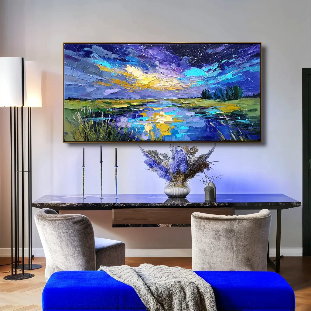 Celestial Reflection – Textured Night Sky Landscape Painting, Hand-Painted Canvas Art for Modern Interiors - artextured