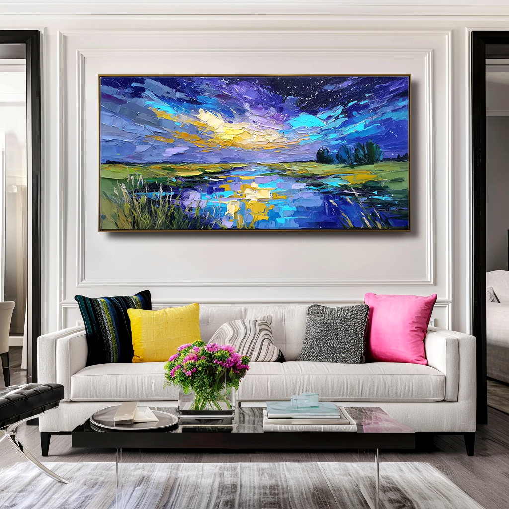 Celestial Reflection – Textured Night Sky Landscape Painting, Hand-Painted Canvas Art for Modern Interiors