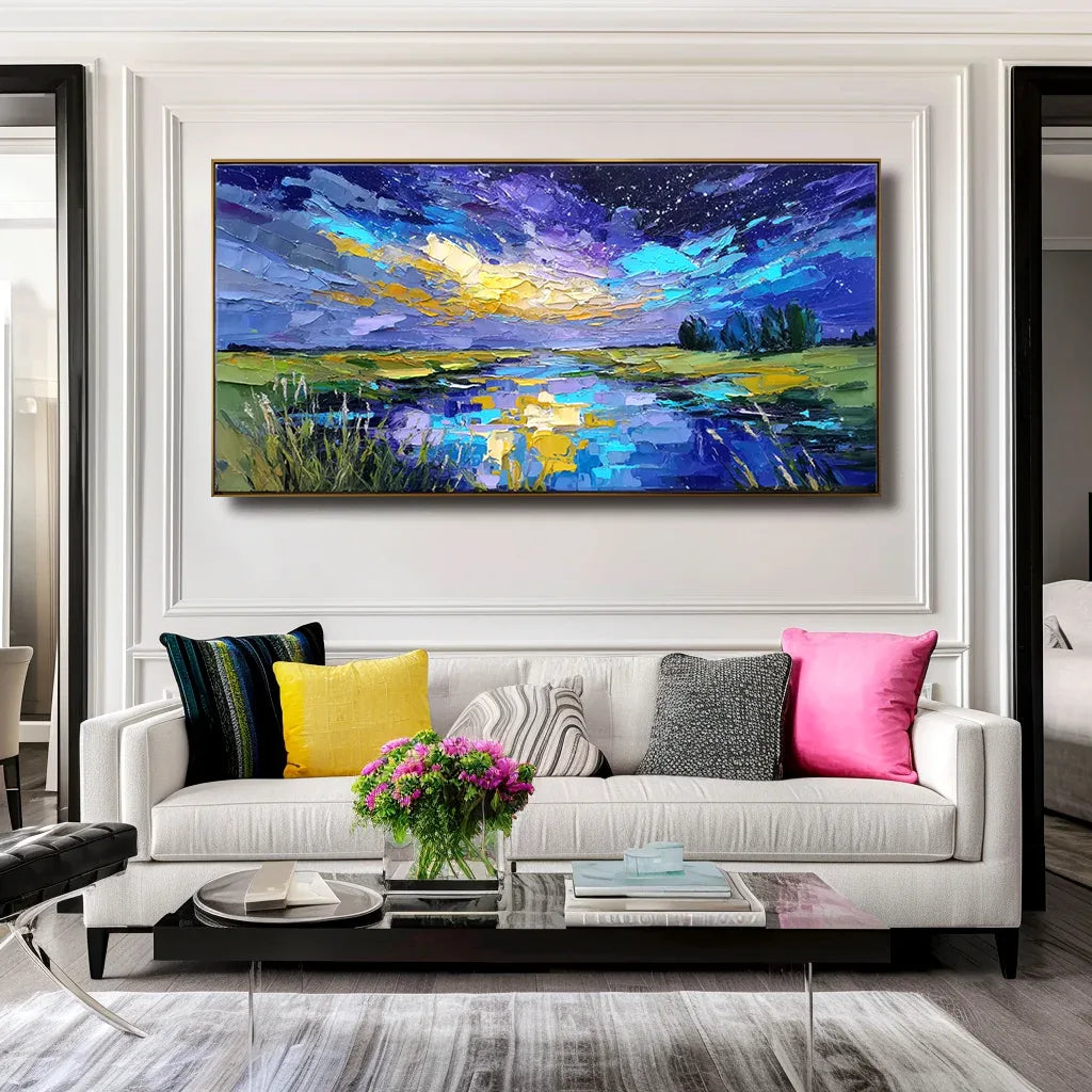 Celestial Reflection – Textured Night Sky Landscape Painting, Hand-Painted Canvas Art for Modern Interiors - artextured