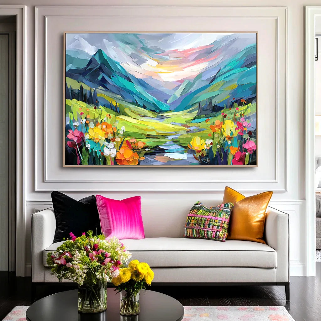 Radiant Valley – Colorful Textured Mountain Landscape Painting, Hand-Painted Canvas Wall Art for Living Room - artextured