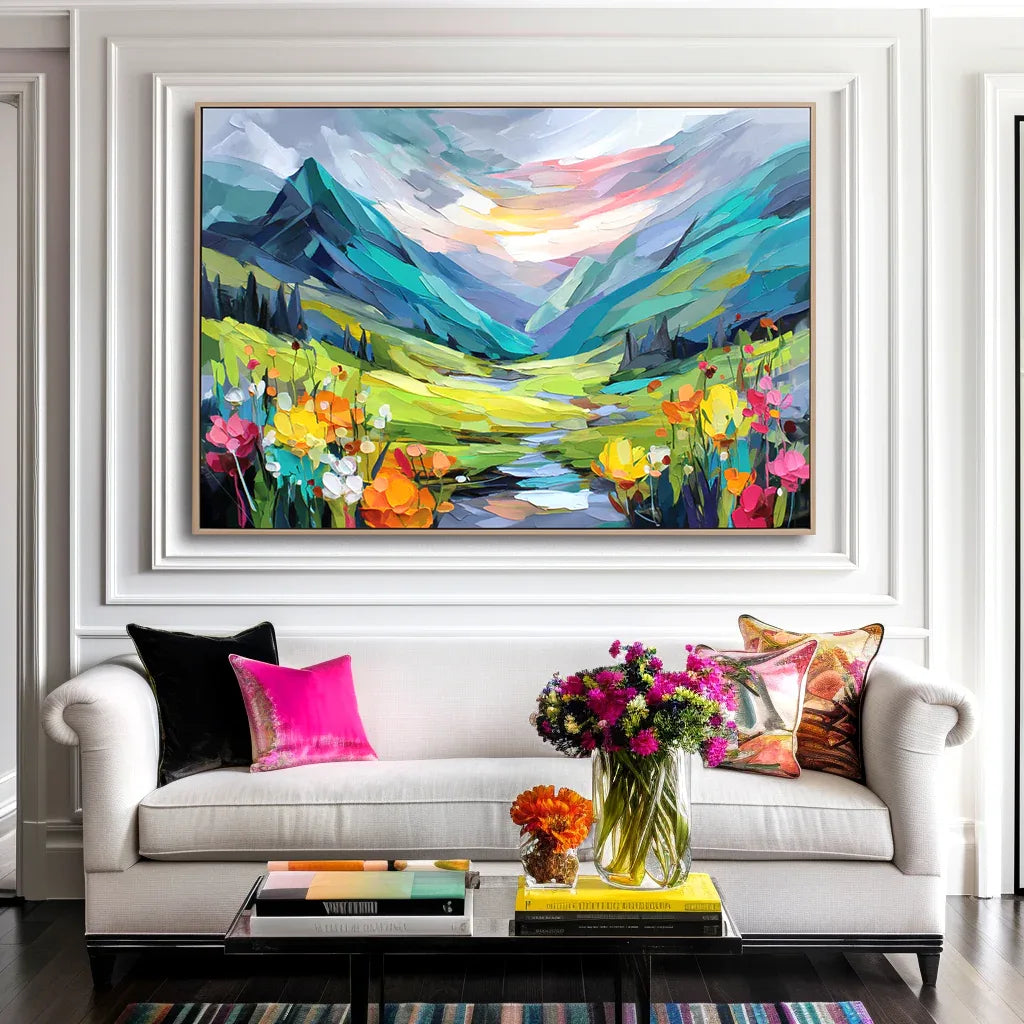 Radiant Valley – Colorful Textured Mountain Landscape Painting, Hand-Painted Canvas Wall Art for Living Room - artextured