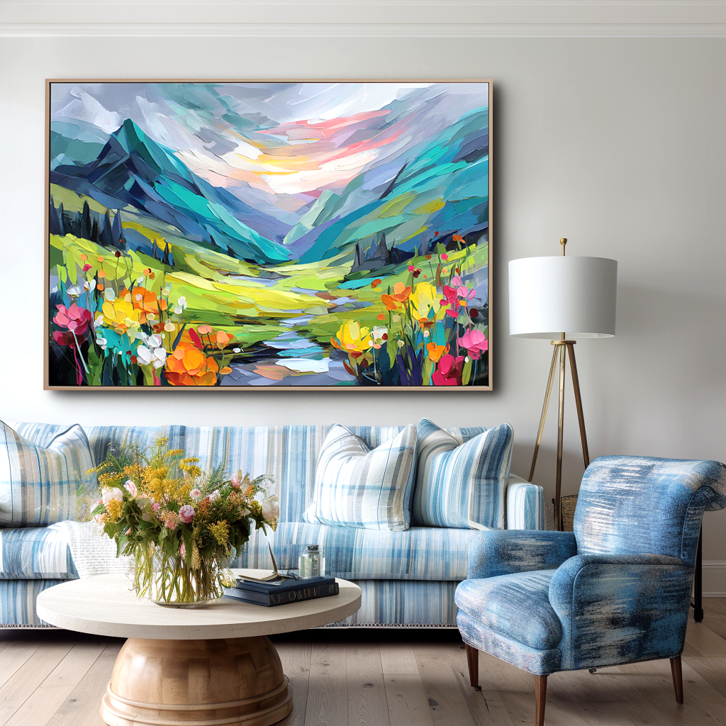 Radiant Valley – Colorful Textured Mountain Landscape Painting, Hand-Painted Canvas Wall Art for Living Room