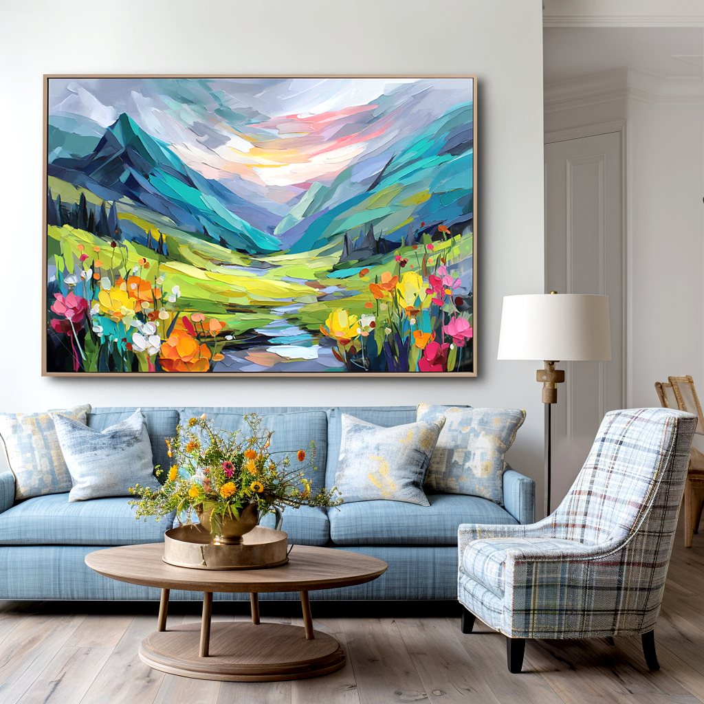 Radiant Valley – Colorful Textured Mountain Landscape Painting, Hand-Painted Canvas Wall Art for Living Room