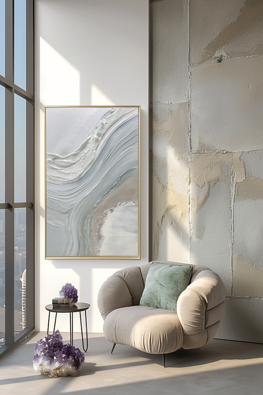 Neutral abstract wall art with textured white, gray, and beige tones
