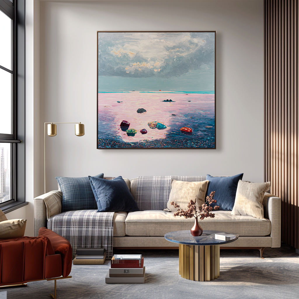 Twilight Shoreline abstract seascape wall art with pink sea and colorful stones