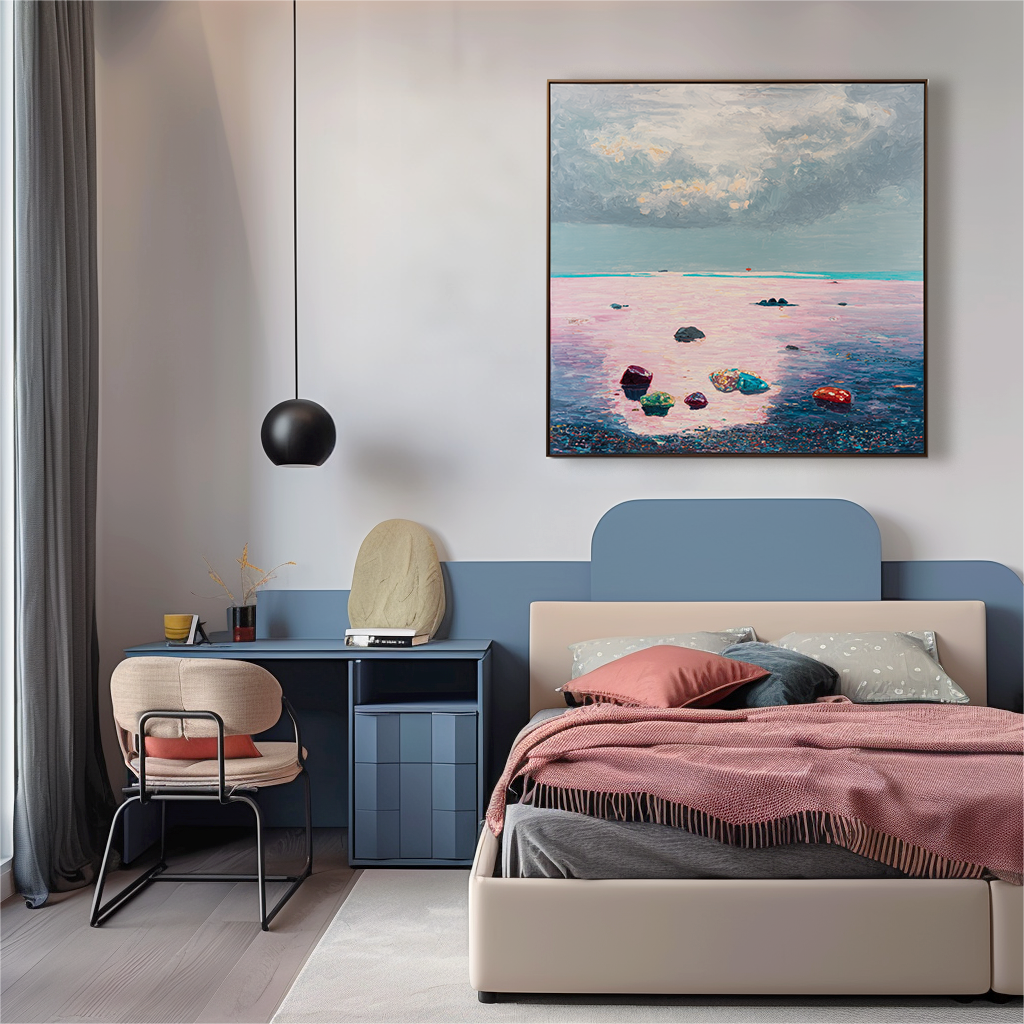 Twilight Shoreline abstract seascape wall art with pink sea and colorful stones