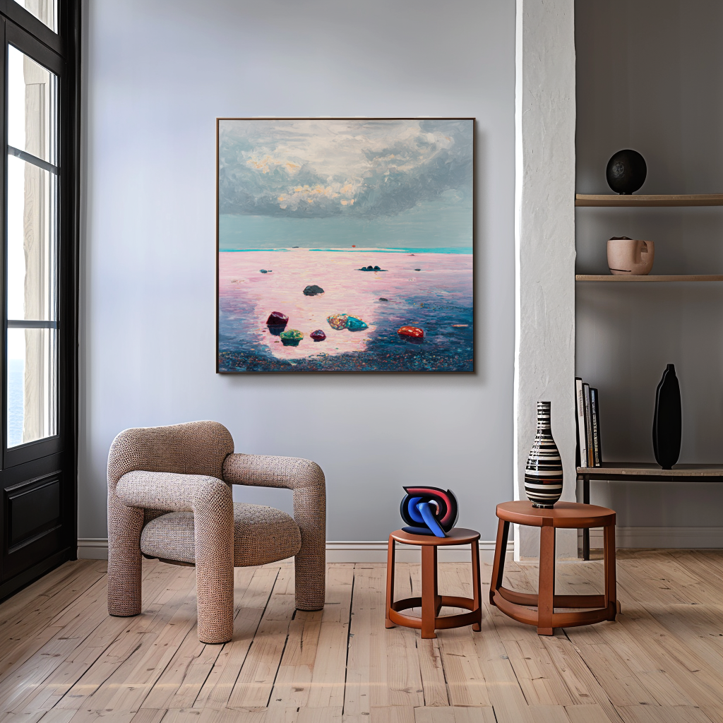 Twilight Shoreline abstract seascape wall art with pink sea and colorful stones