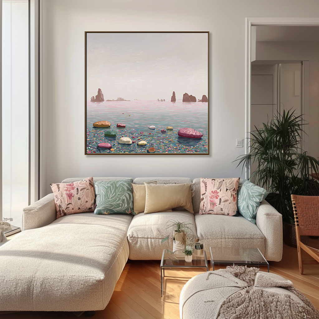 Serene Horizon abstract seascape canvas wall art with pink water and rocky shore