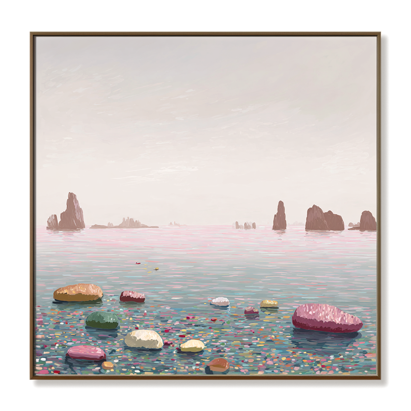 Serene Horizon abstract seascape canvas wall art with pink water and rocky shore