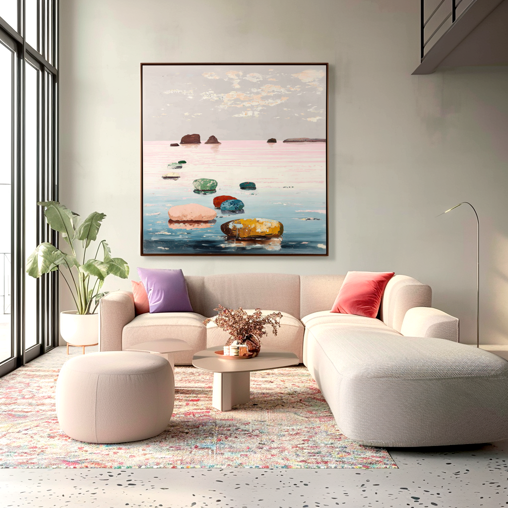 Path of Colors abstract seascape canvas wall art with colorful stones on calm water