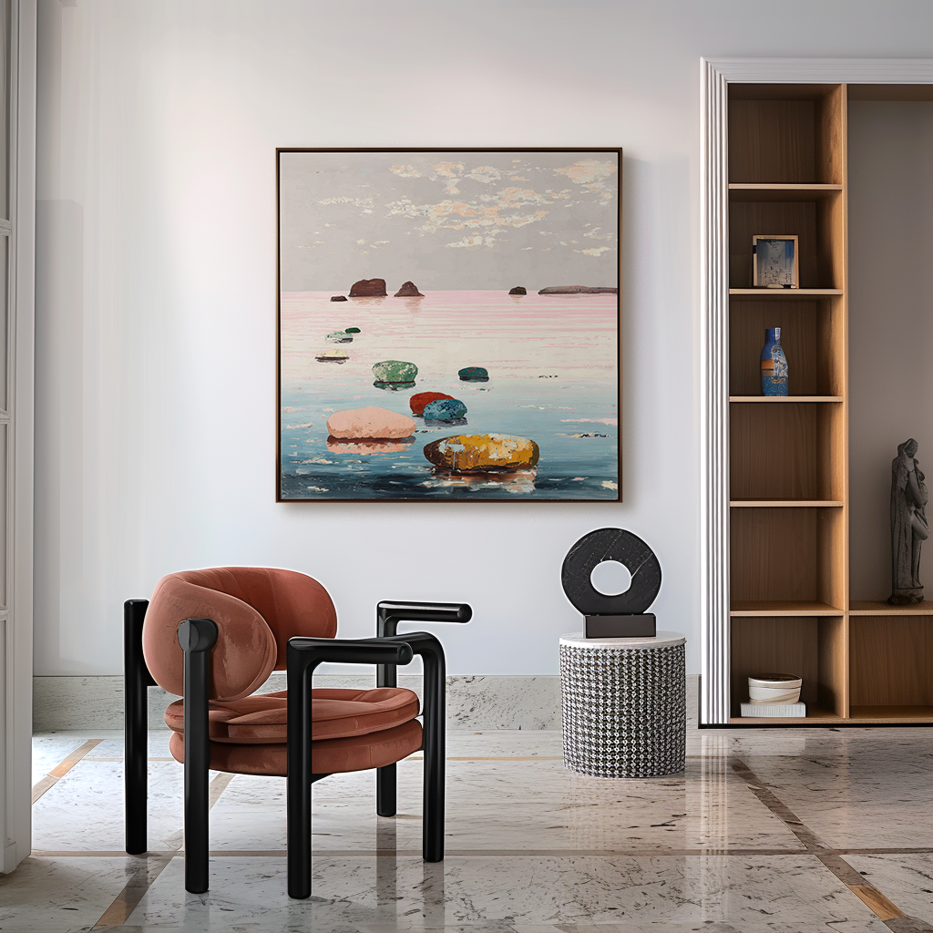 Path of Colors abstract seascape canvas wall art with colorful stones on calm water