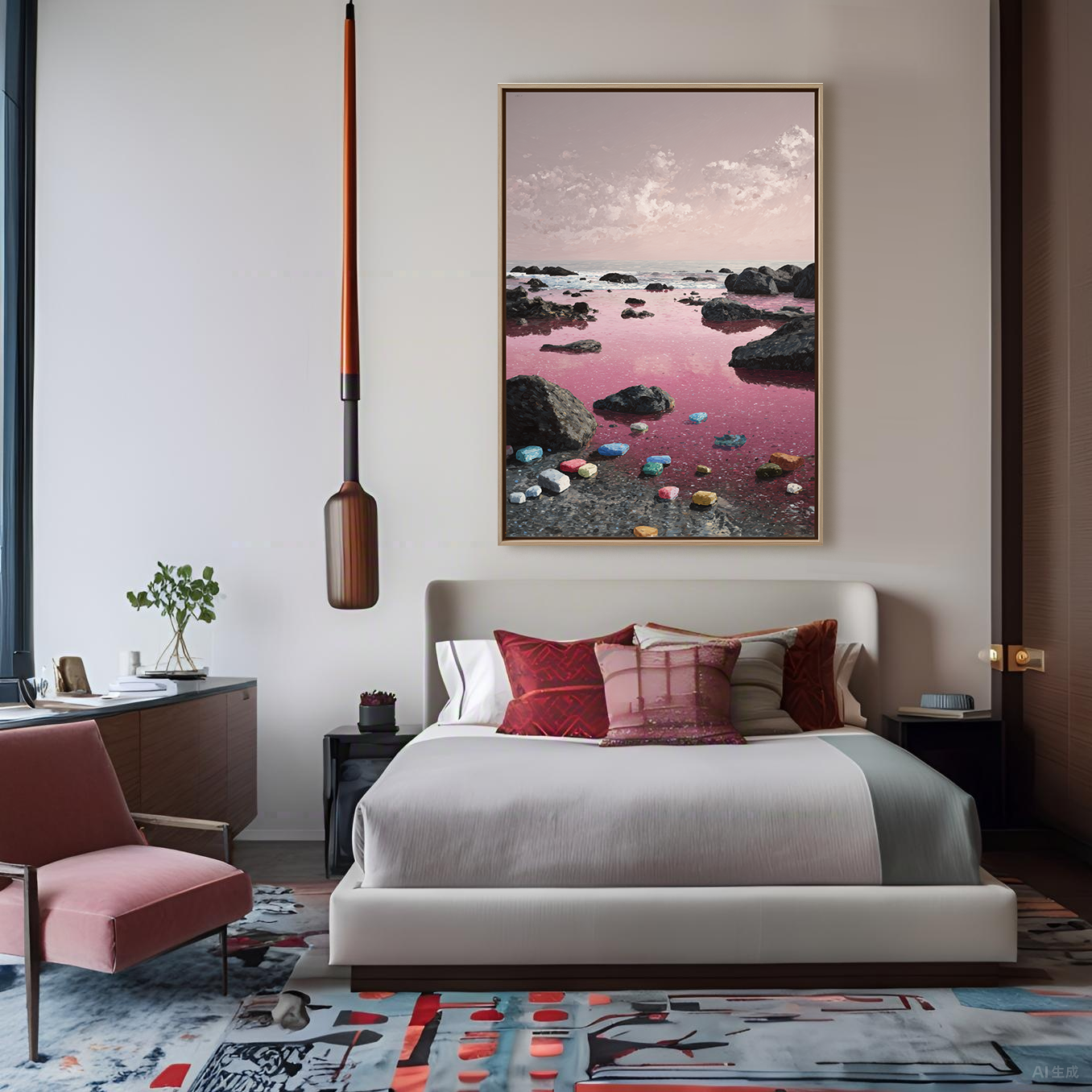 Pink Horizon – Abstract Seascape with Colorful Shore Stones