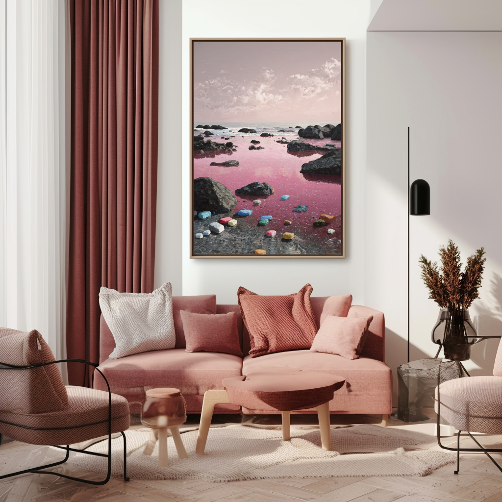 Pink Horizon – Abstract Seascape with Colorful Shore Stones