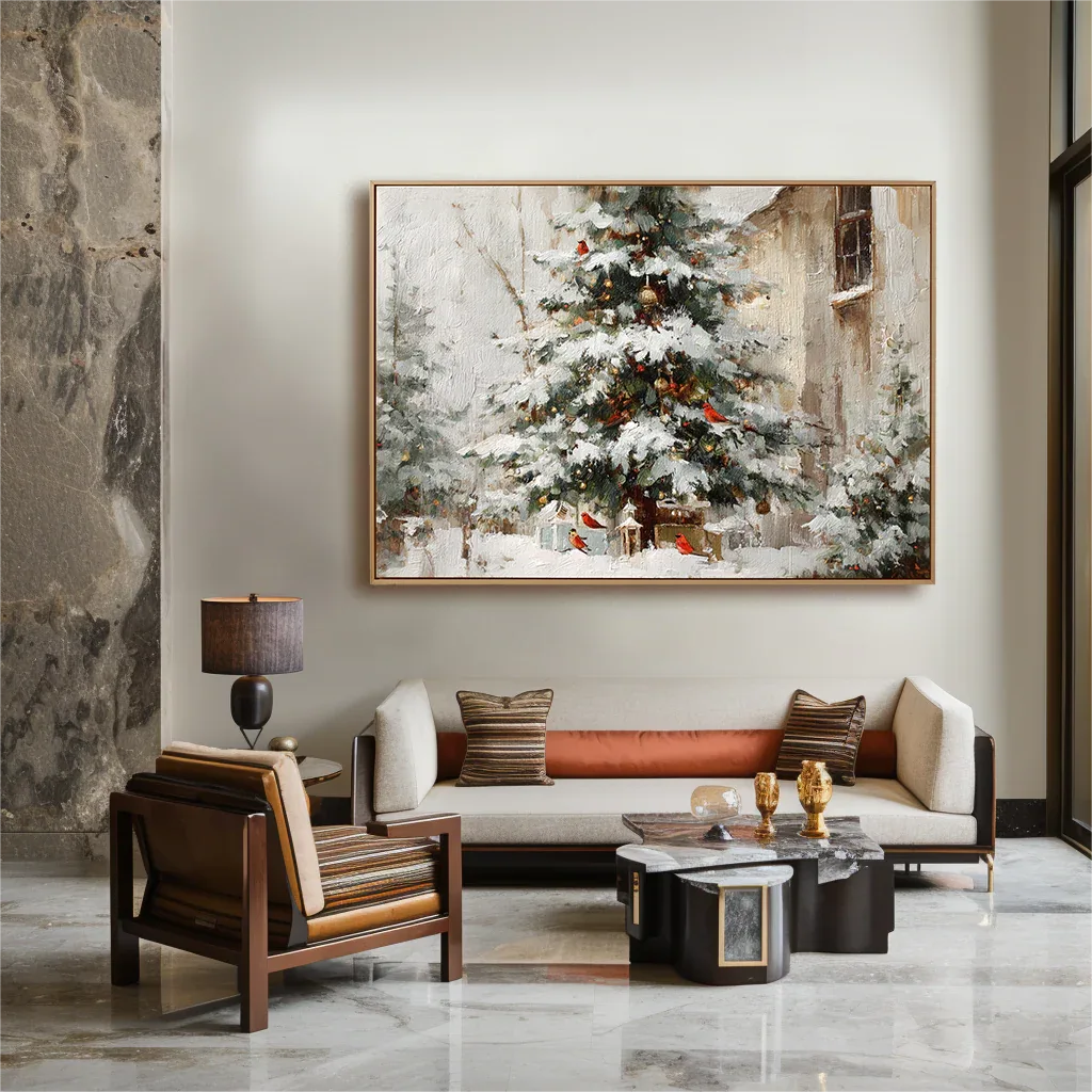 artextured – Christmas Eve Charm | Snowy Tree with Cardinals Textured Oil Painting - artextured