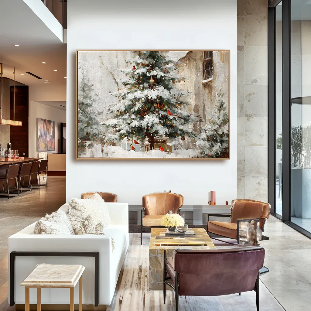 artextured – Christmas Eve Charm | Snowy Tree with Cardinals Textured Oil Painting - artextured