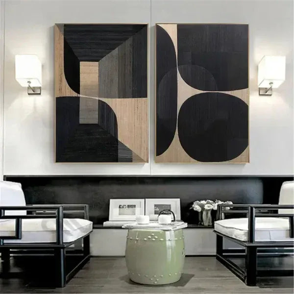 Wabi-Sabi Elegance Set of 2-Modern Minimalist Black Brown Geometric Abstract Wall Art - artextured