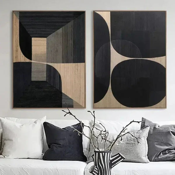 Wabi-Sabi Elegance Set of 2-Modern Minimalist Black Brown Geometric Abstract Wall Art - artextured