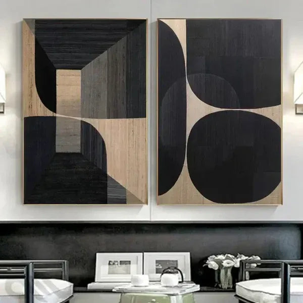 Wabi-Sabi Elegance Set of 2-Modern Minimalist Black Brown Geometric Abstract Wall Art - artextured