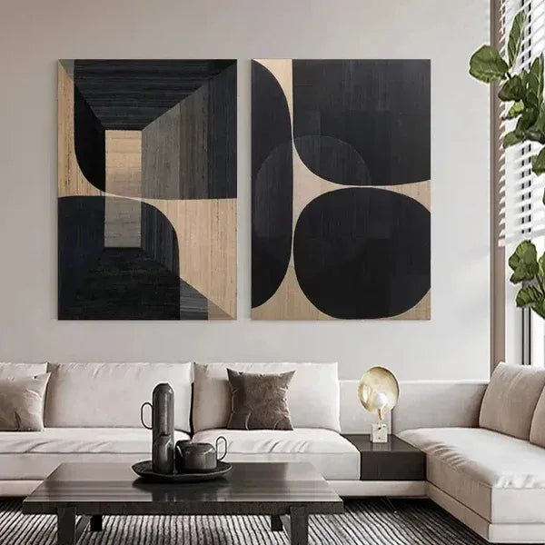 Wabi-Sabi Elegance Set of 2-Modern Minimalist Black Brown Geometric Abstract Wall Art - artextured