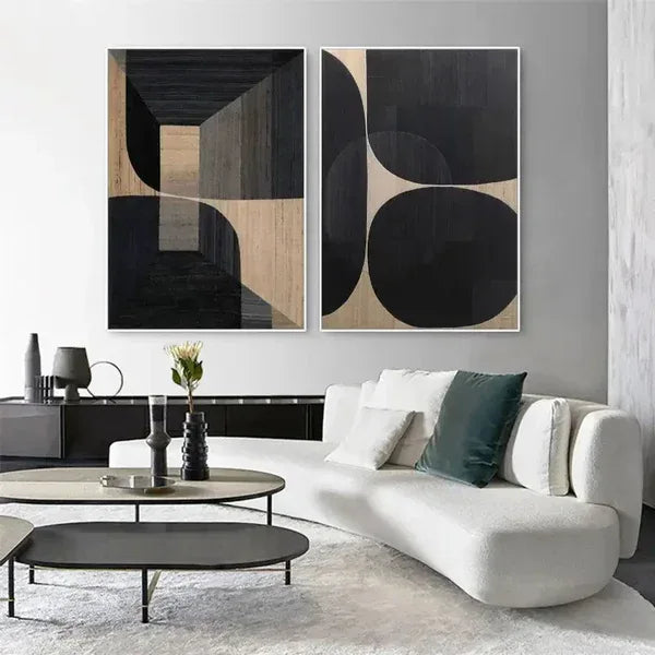 Wabi-Sabi Elegance Set of 2-Modern Minimalist Black Brown Geometric Abstract Wall Art - artextured