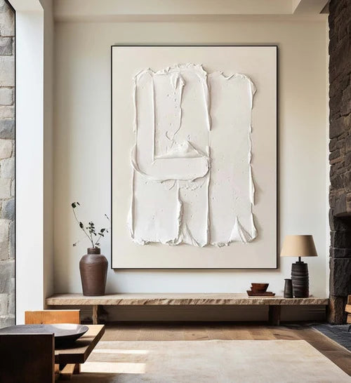 Minimalist 3D White Abstract Art – Textured Canvas for Modern Interiors